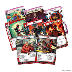Asmodee Marvel Champions Deadpool Expanded Hero Pack components spread with signature cards for unique strategies.