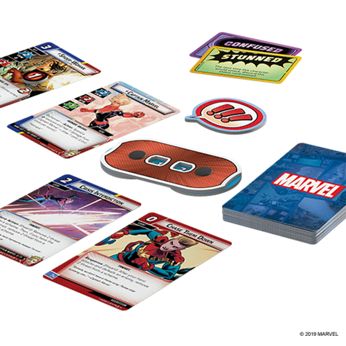 Asmodee Marvel Champions deck-building cards highlight customization options.