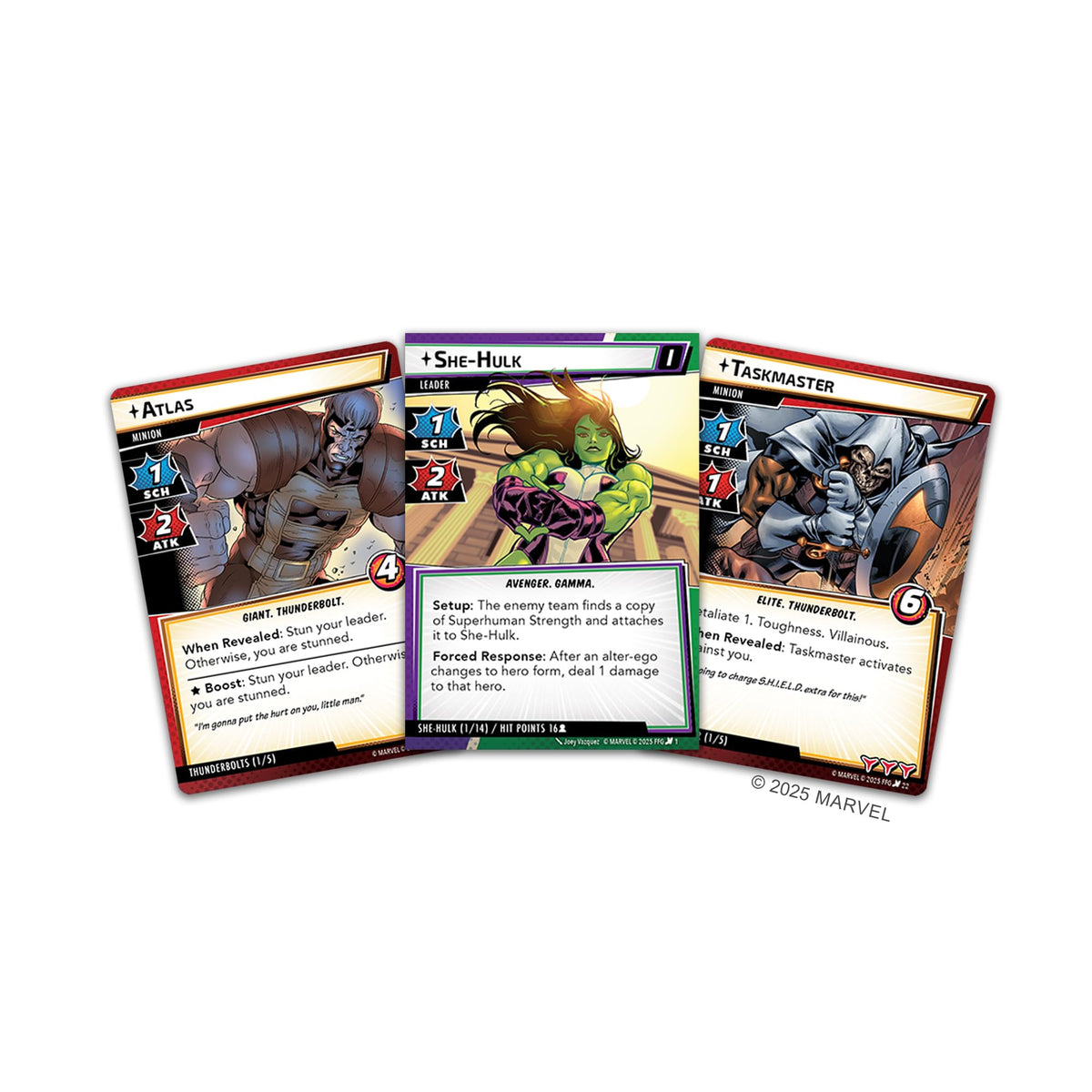 Asmodee Marvel Champions She-Hulk vs Vision showdown image highlighting team strategy.