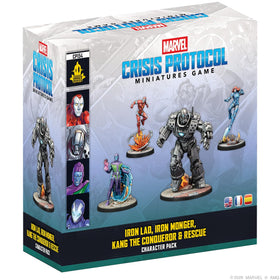 Asmodee Marvel Crisis Protocol Iron Lad, Iron Monger, Kang, and Rescue miniatures ready for dramatic tabletop battles.