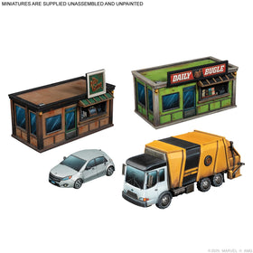 Asmodee Marvel Crisis Protocol urban street lights and dumpsters enrich realistic street clutter