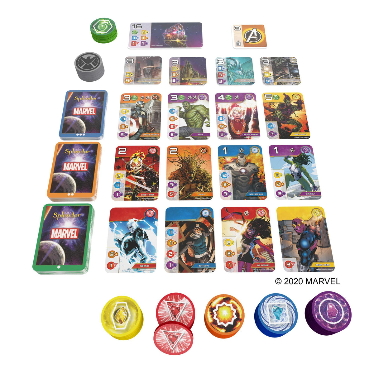 Asmodee Marvel Splendor Gauntlet board scene invites fast, family-friendly rounds.