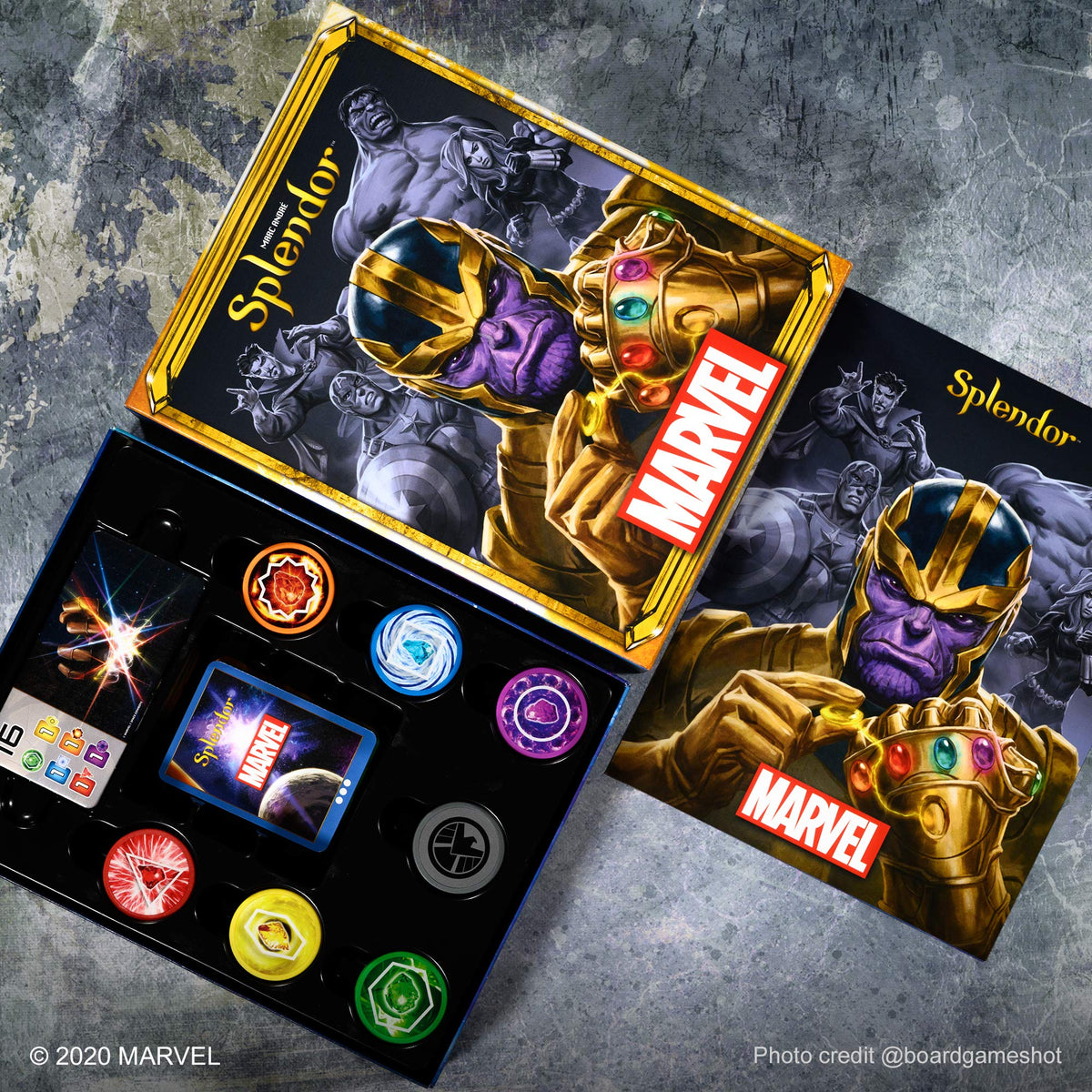 Asmodee Marvel Splendor villains and heroes art enhances immersion at the table.