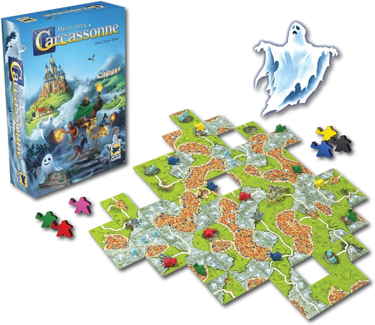 Asmodee Mists Over Carcassonne ghosts and challenges illustrate teamwork under pressure.