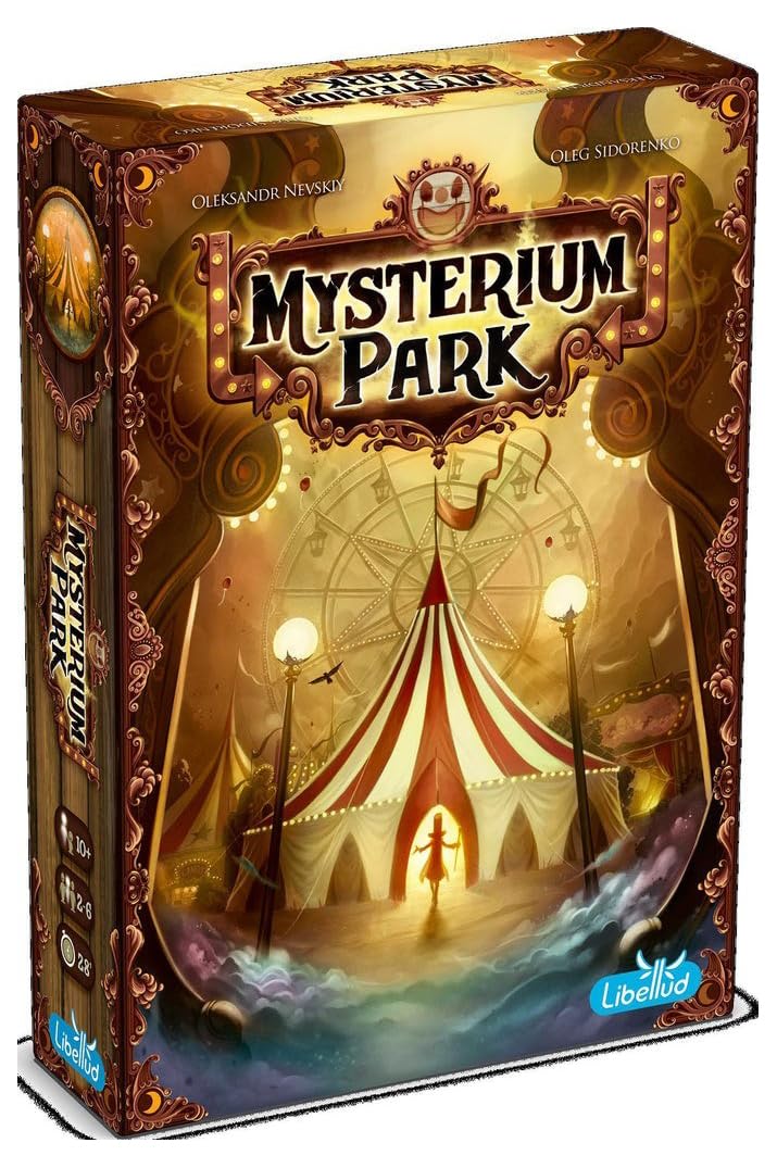Asmodee Mysterium Park box art carnival atmosphere inviting families to investigate together.