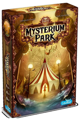Asmodee Mysterium Park box art carnival atmosphere inviting families to investigate together.