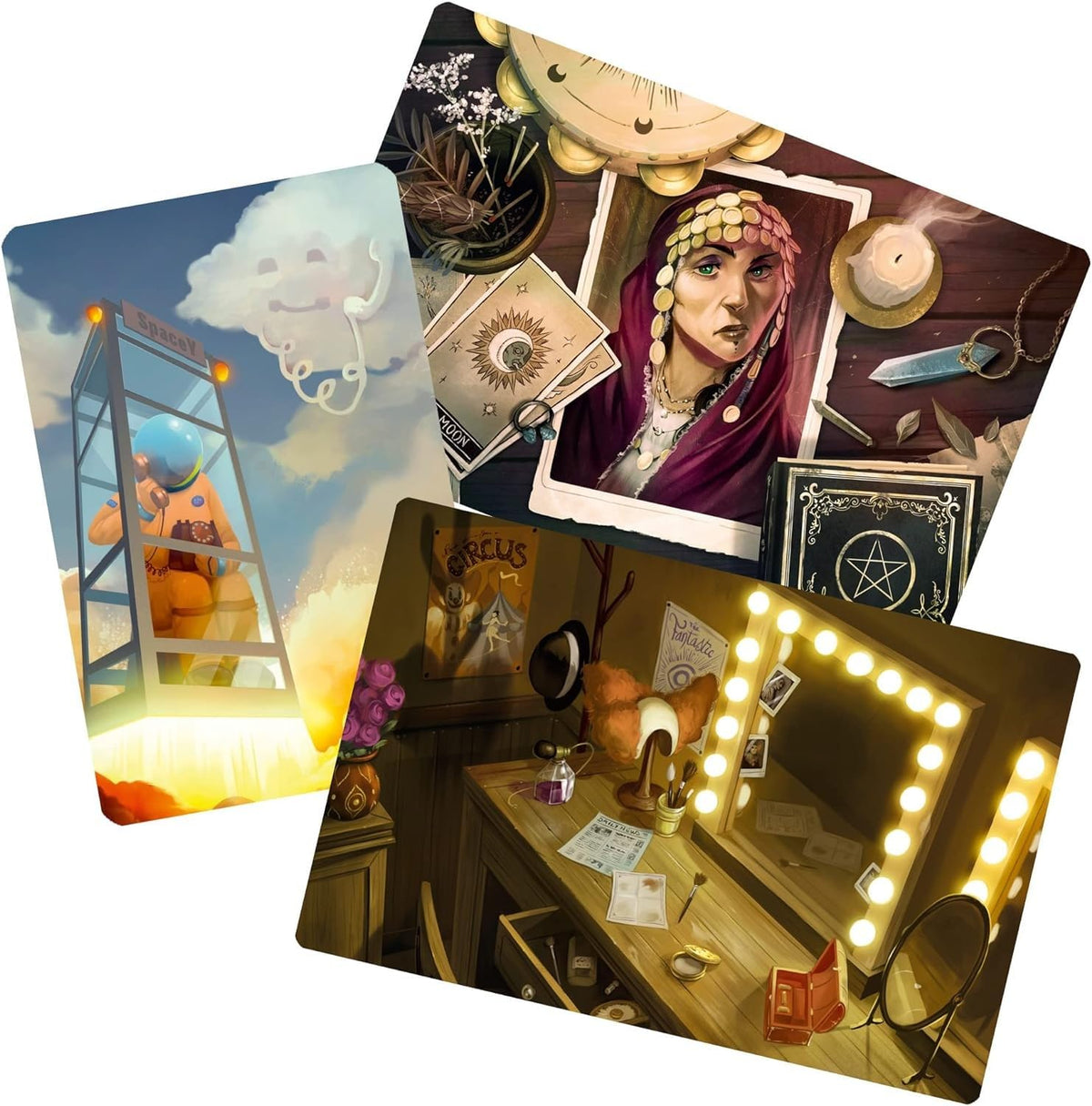 Asmodee Mysterium Park player tokens and suspects ready to fuel deductions.