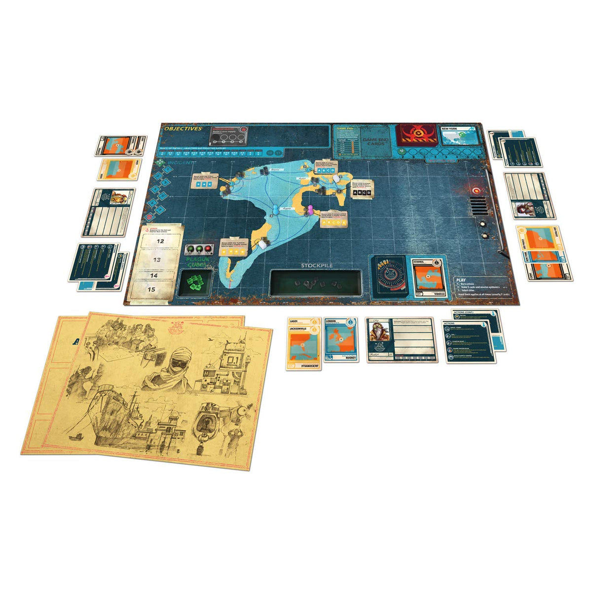 Asmodee Pandemic Legacy Season 2 board layout reveals a strategic map with markers.