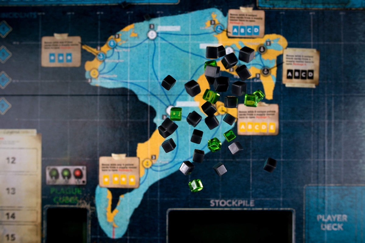 Asmodee Pandemic Legacy Season 2 player pieces show cooperative turn-based gameplay.