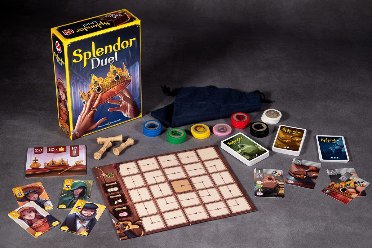 Asmodee Splendor Duel board and gems in play, illustrating compact fun for travel and family game night
