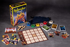 Asmodee Splendor Duel board and gems in play, illustrating compact fun for travel and family game night