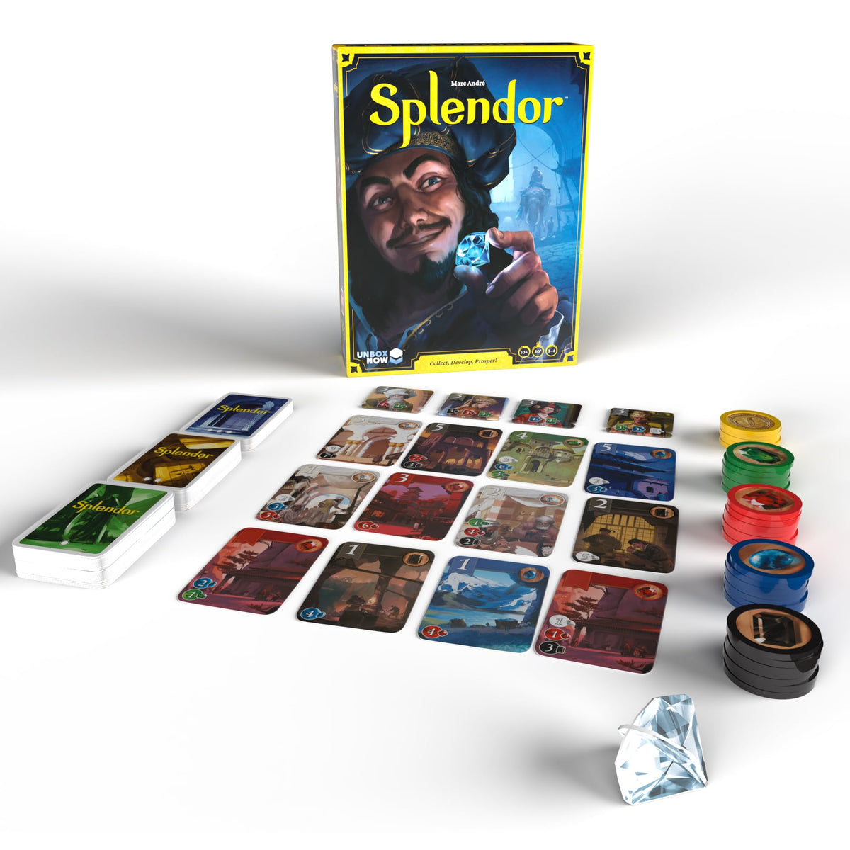 Asmodee Splendor image focuses on gems and development cards to build a powerful engine.