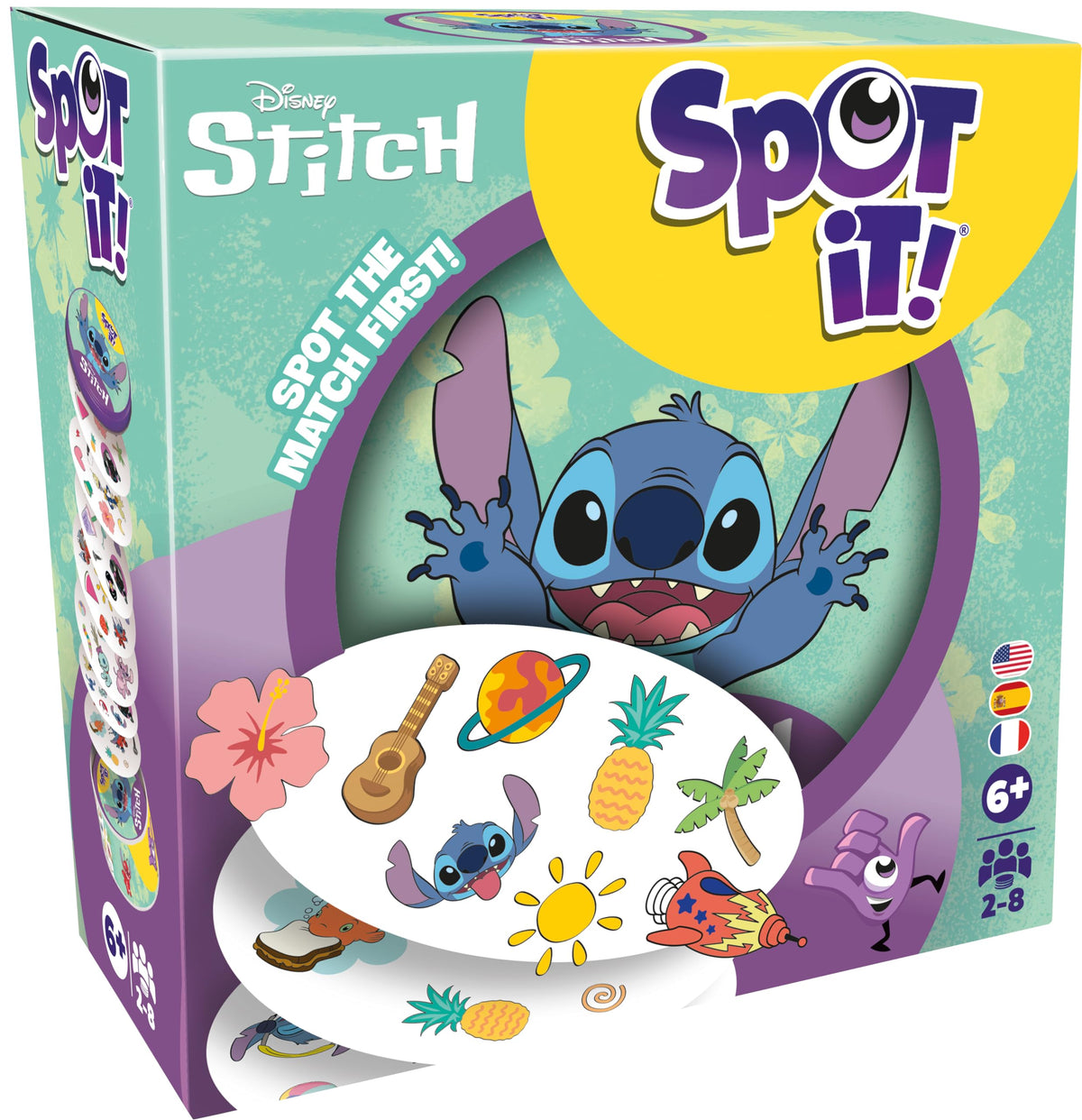 Asmodee Spot It! Disney Stitch cards show Stitch artwork for fast matching fun.