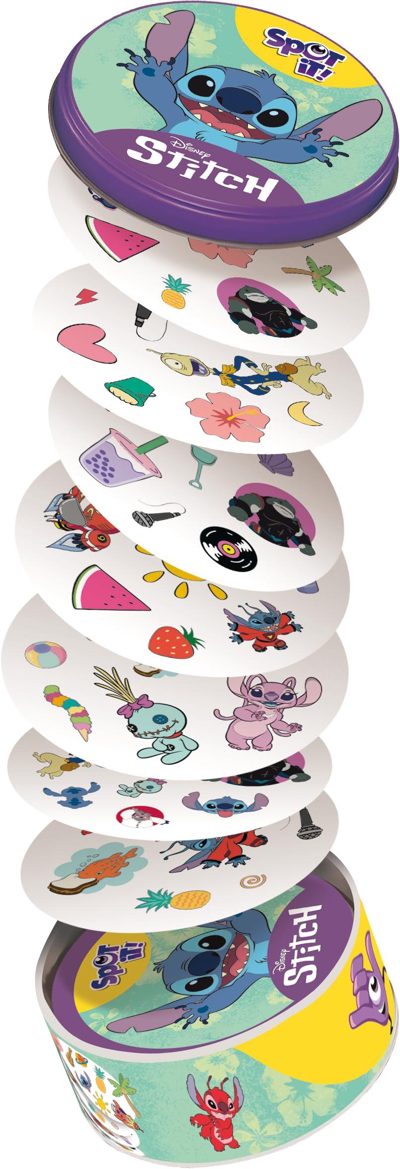 Asmodee Spot It! Disney Stitch collectible tin houses the compact game.