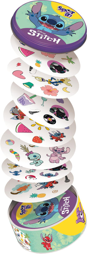 Asmodee Spot It! Disney Stitch collectible tin houses the compact game.