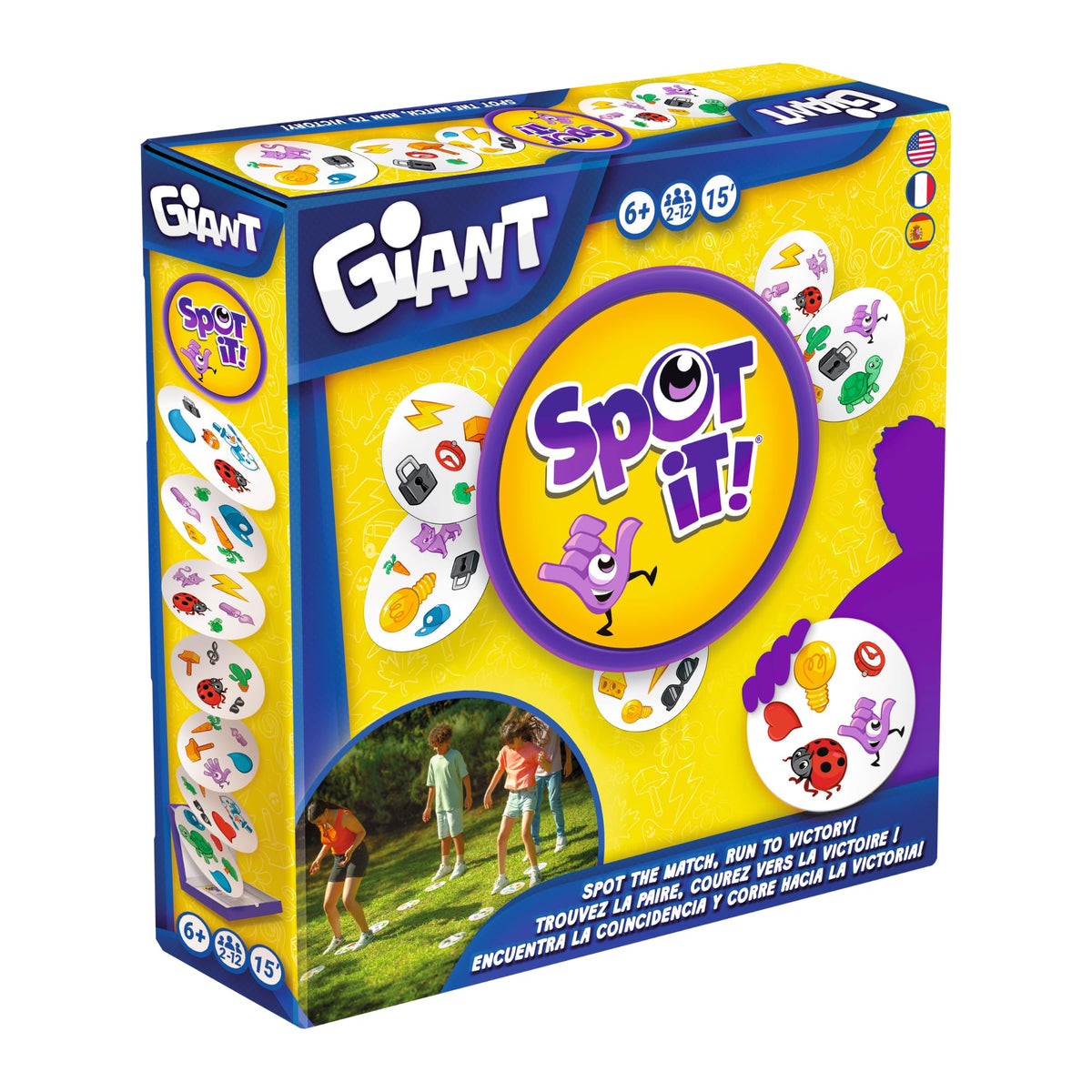 Asmodee Spot It! Giant Cards show oversized symbols for quick recognition during family game nights.
