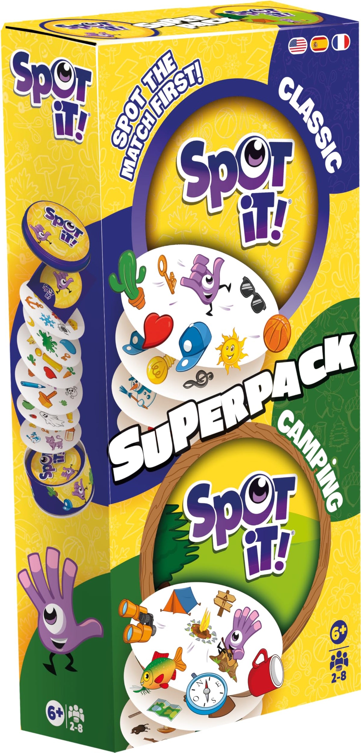 Asmodee Spot It! Super Pack box front, eco-friendly packaging for quick family fun.