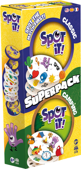 Asmodee Spot It! Super Pack box front, eco-friendly packaging for quick family fun.