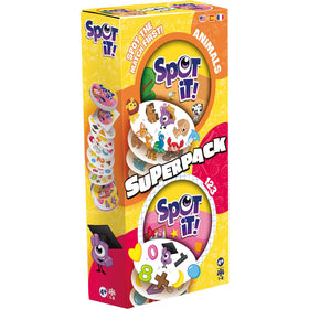 Asmodee Spot It Super Pack Kids box showing two quick, educational games for family play.