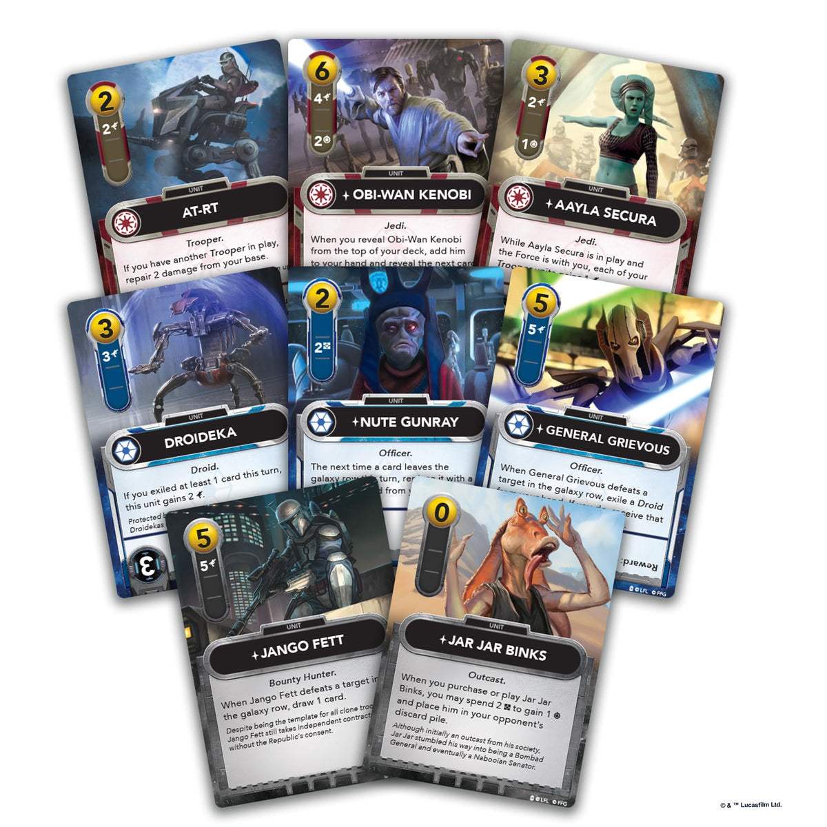Asmodee Star Wars: The Deckbuilding Game Clone Wars edition in play shows quick 30-minute battles for two players.