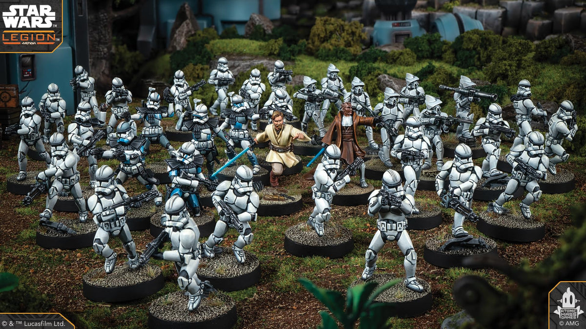 Asmodee Star Wars Legion Galactic Republic Jedi hero Obi-Wan in action pose for iconic duels.
