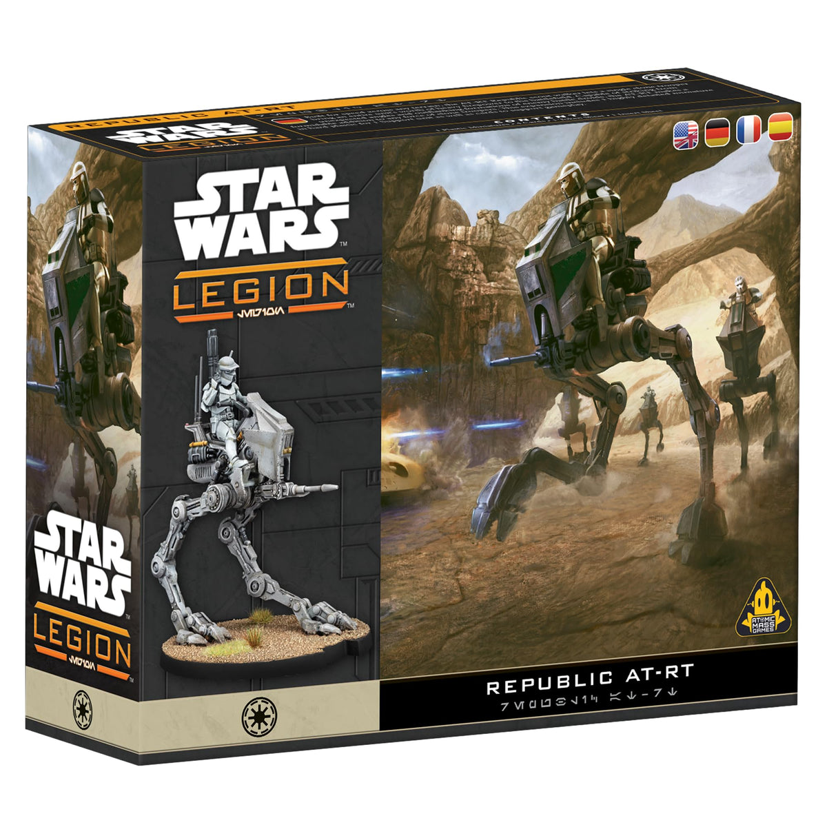 Asmodee Republic AT-RT miniature on tabletop for versatile battlefield support.