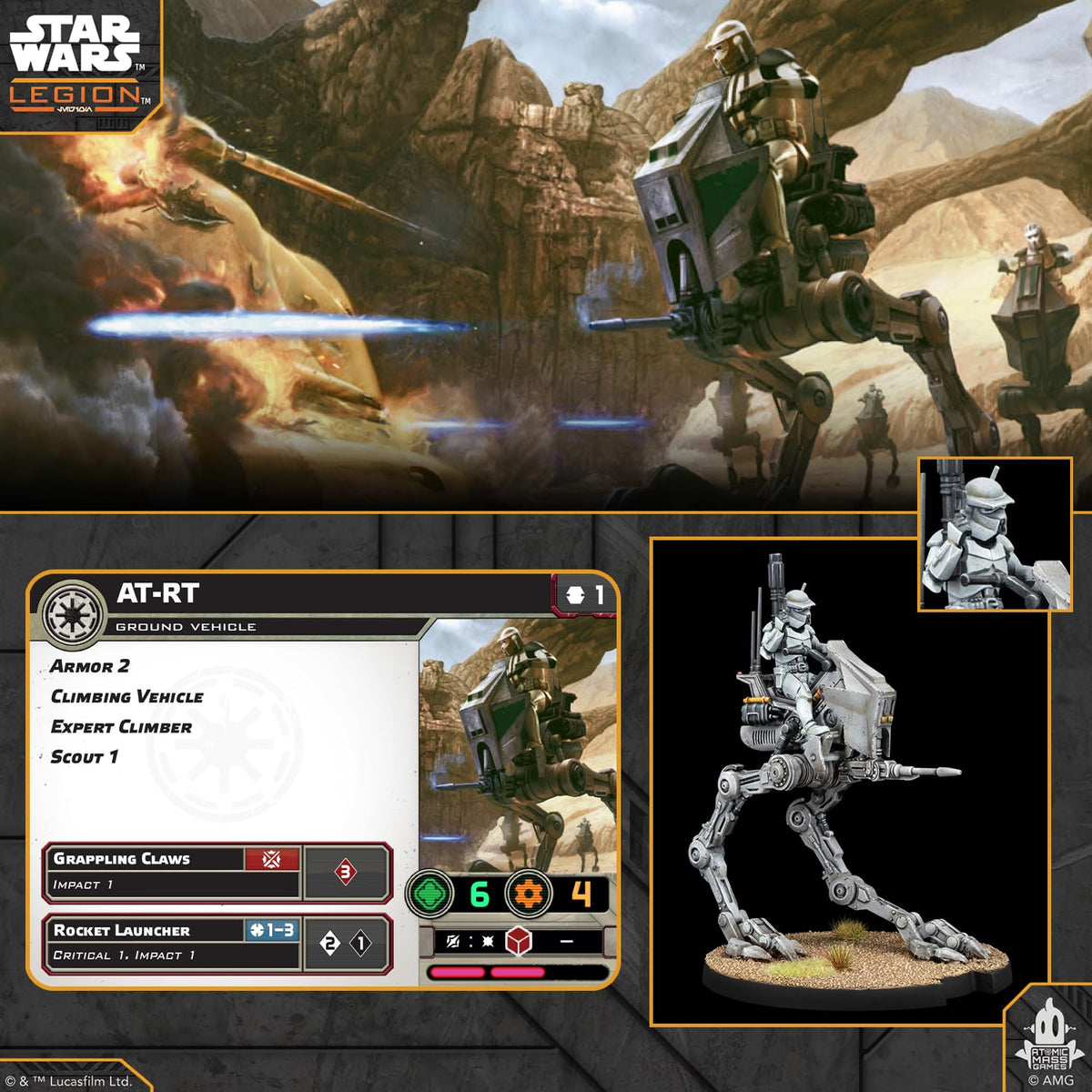 Asmodee Republic AT-RT on tabletop demonstrates iconic Star Wars vehicle in action.
