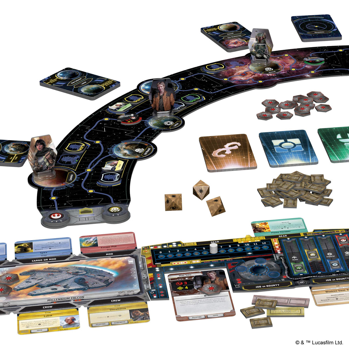 Asmodee Star Wars Outer Rim features iconic characters like Han Solo with unique abilities