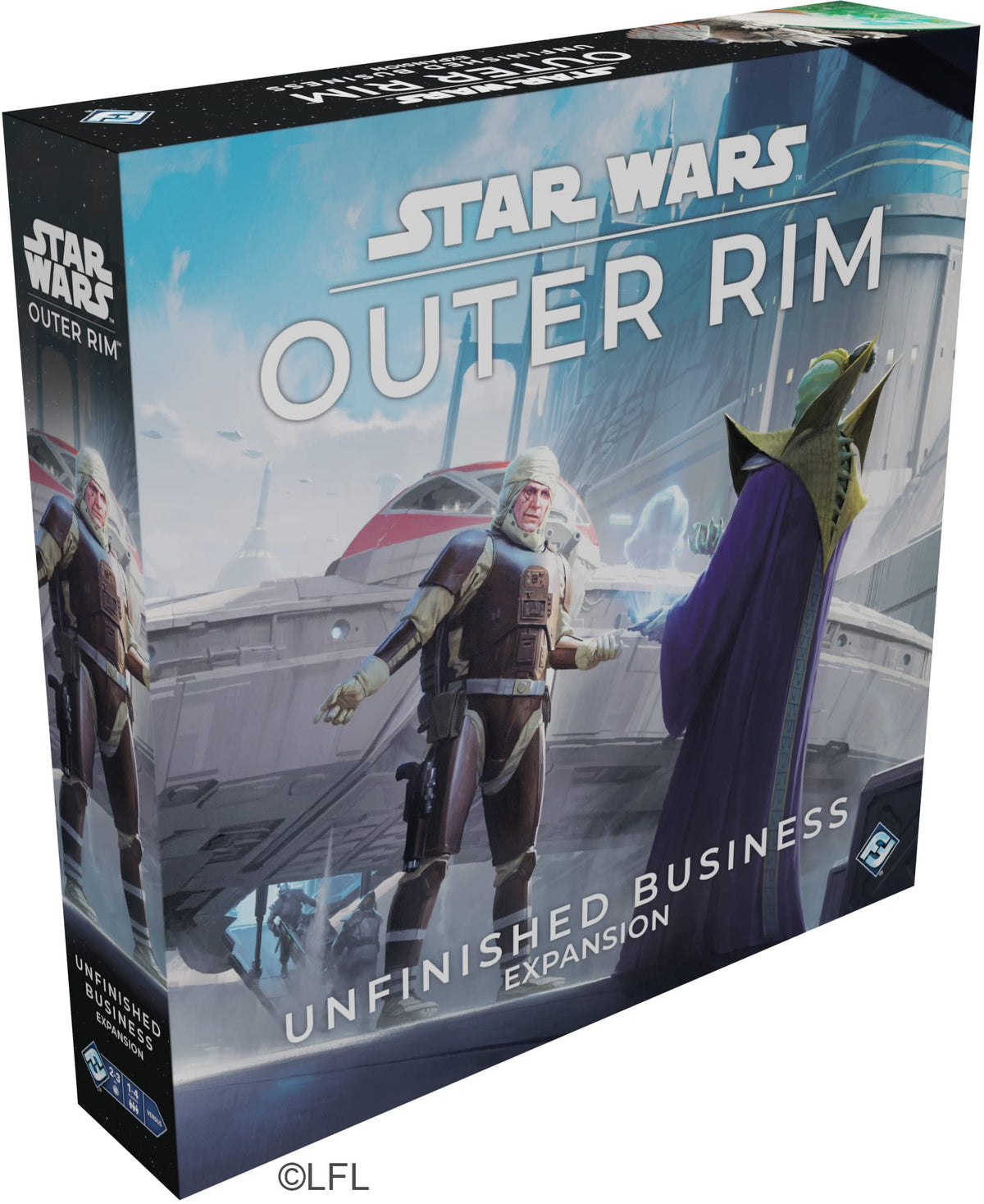Asmodee Star Wars Outer Rim Unfinished Business expansion box showcases new content for expanded adventures.