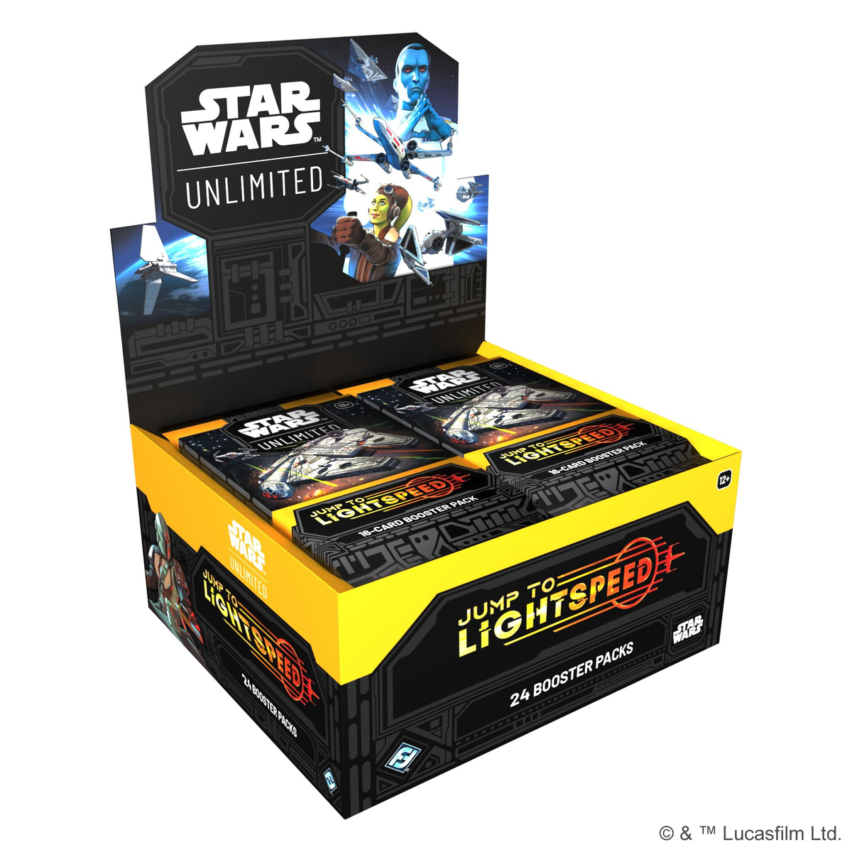 Asmodee Star Wars Unlimited Jump to Lightspeed booster display showcasing fresh content for deck building.