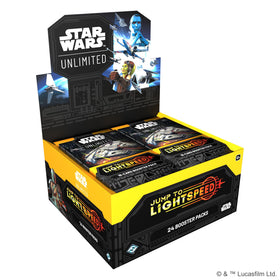Asmodee Star Wars Unlimited Jump to Lightspeed booster display showcasing fresh content for deck building.