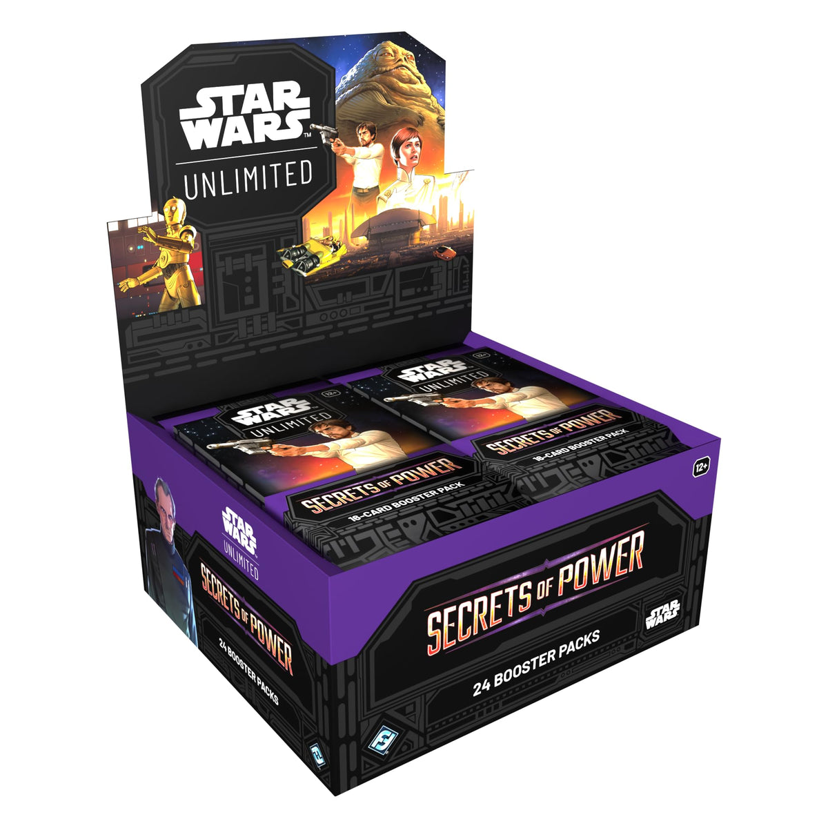 Asmodee Star Wars Unlimited Secrets of Power display shows 24 booster packs for quick drafting and collection.