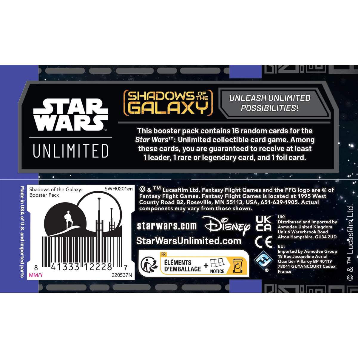 Asmodee Star Wars Unlimited Shadows of the Galaxy Mandalorian content shines in the display.