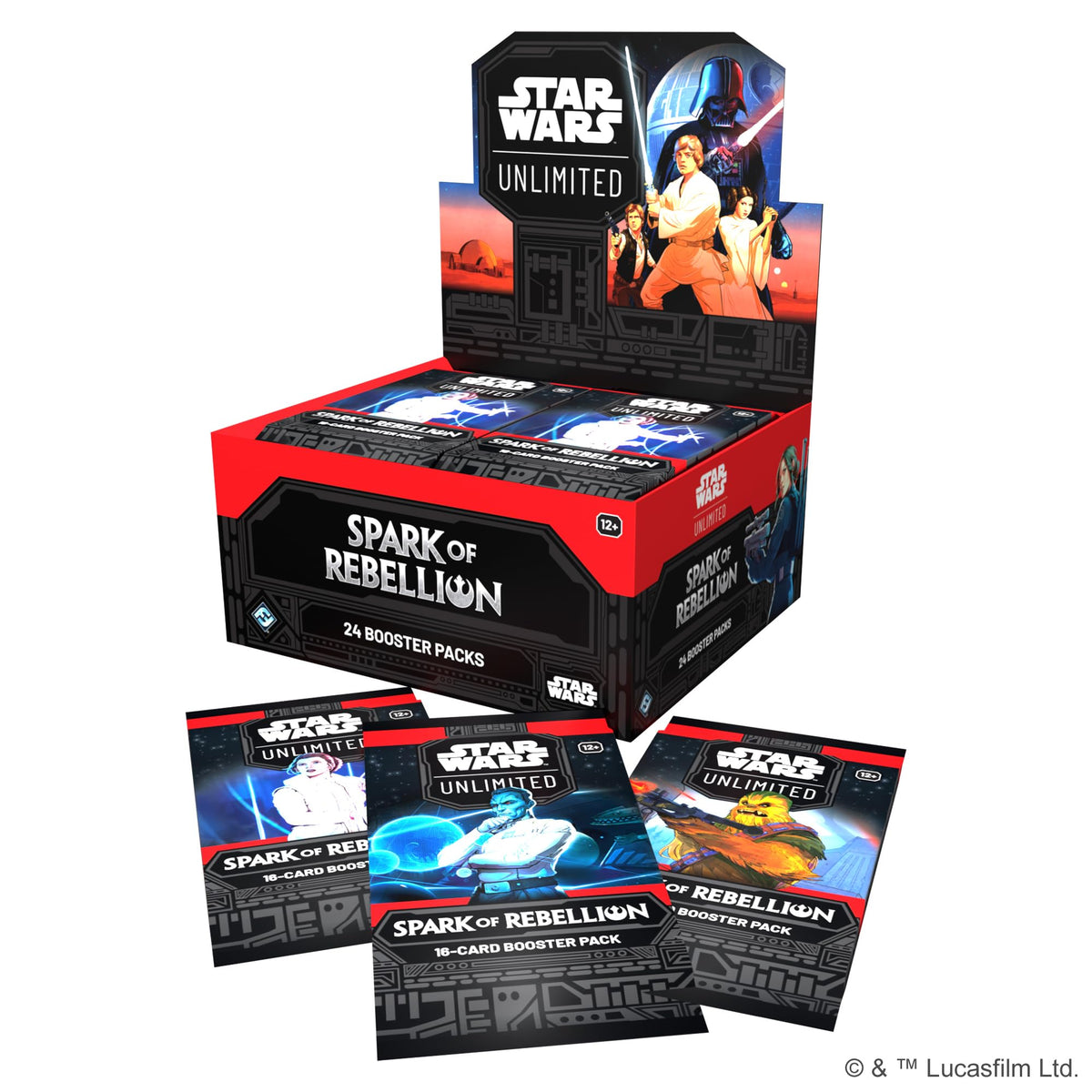 Asmodee Star Wars Unlimited Spark of Rebellion packs lined up, ideal for building versatile strategies.