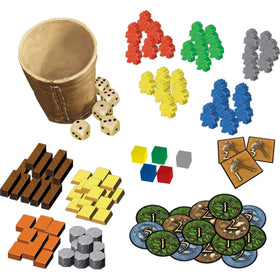 Asmodee Stone Age board game resources, colorful tokens track wood, stone, and gold for growth.