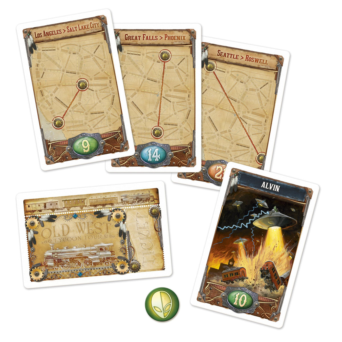 Asmodee Ticket to Ride Old West map shows cities and Roswell Mystery theme
