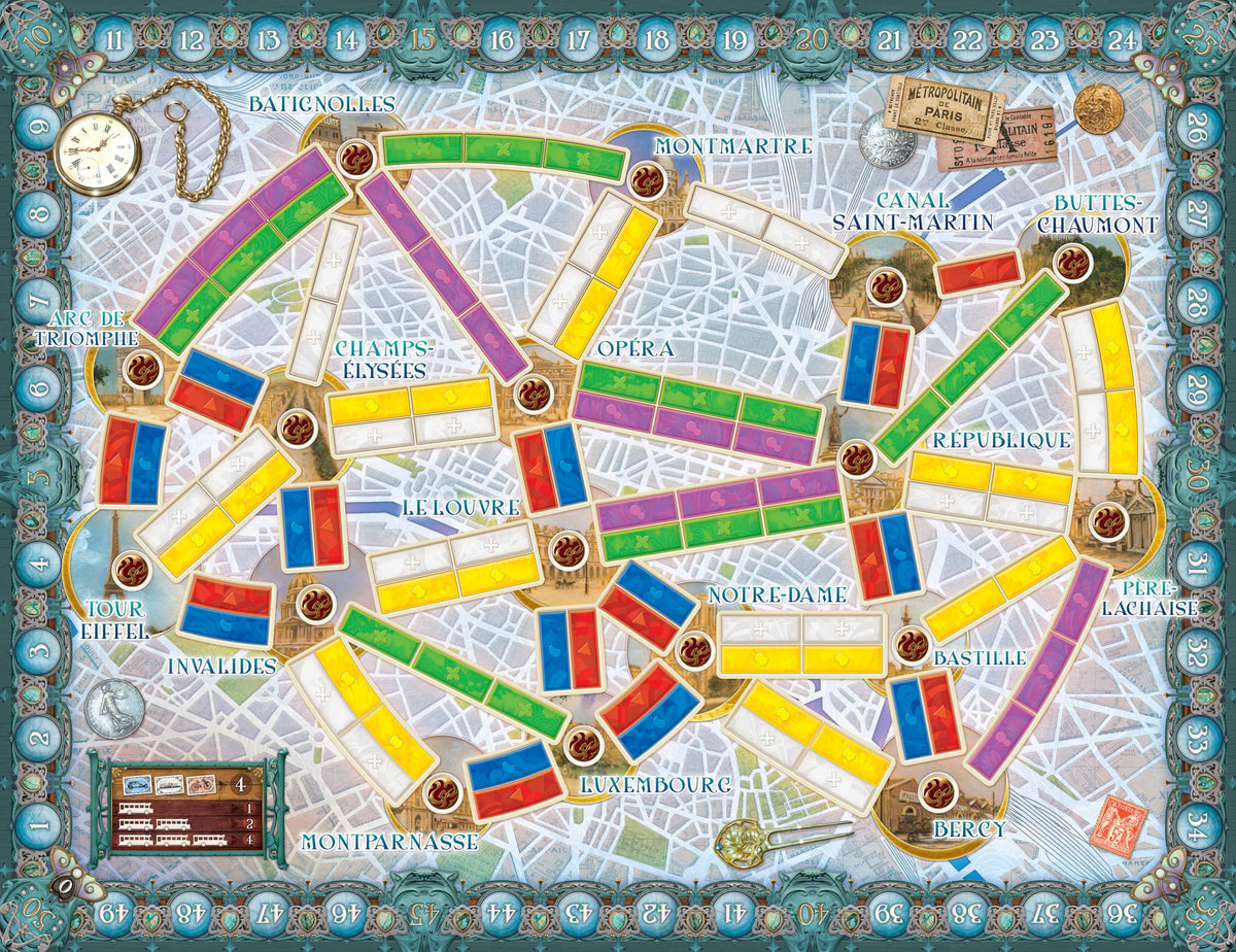 Asmodee Ticket to Ride Paris buses detail showcasing 1920s vehicles