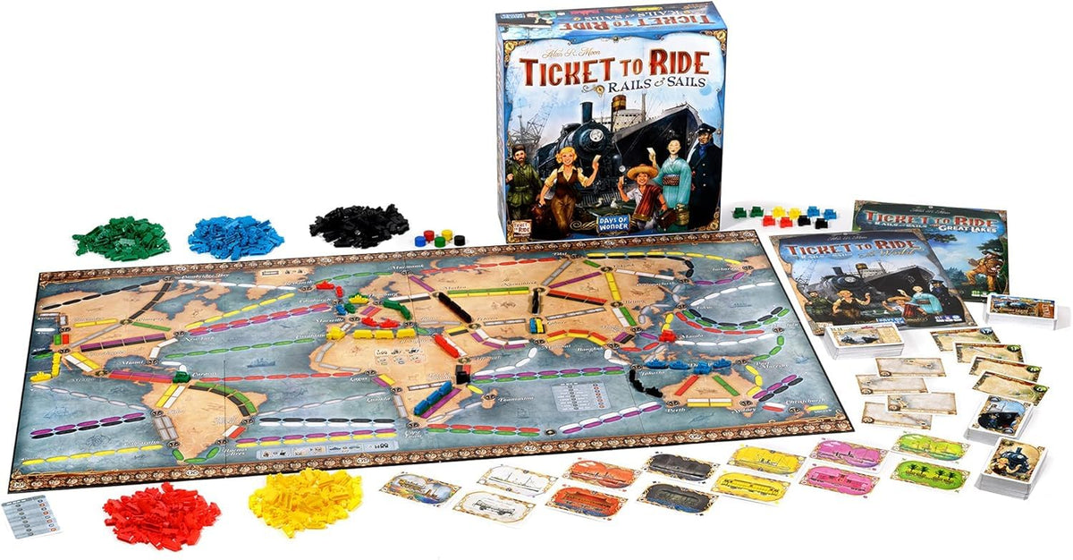 Asmodee Ticket to Ride Rails & Sails Great Lakes board for regional adventures.