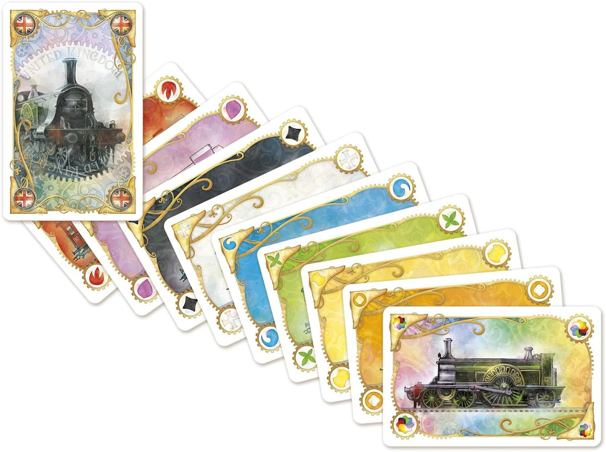 Asmodee Ticket to Ride train figures capturing vintage locomotive charm.