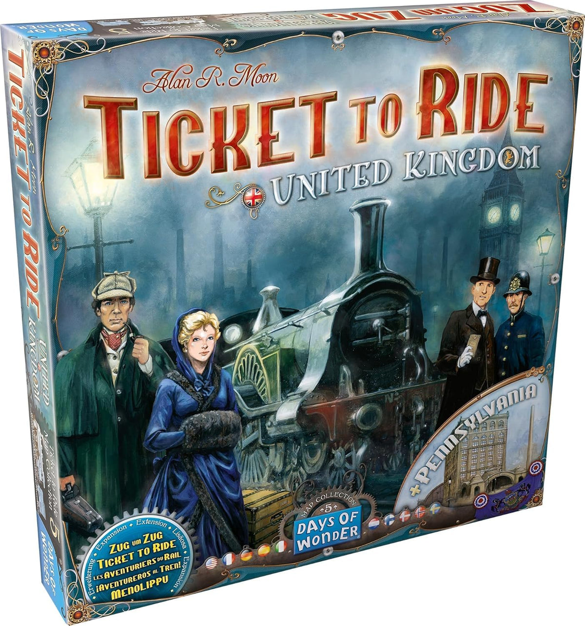 Asmodee Ticket to Ride UK Pennsylvania expansion box with components for immersive rail adventures.