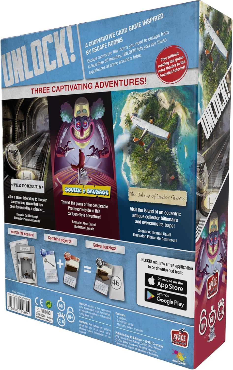 Asmodee Unlock! Escape Adventures scenarios cover art showcasing three distinct stories.