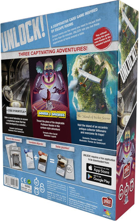 Asmodee Unlock! Escape Adventures scenarios cover art showcasing three distinct stories.