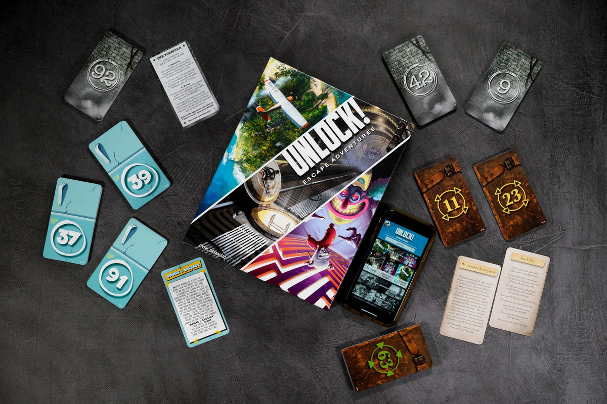 Asmodee Unlock! companion app displays timer and hints, streamlining play.