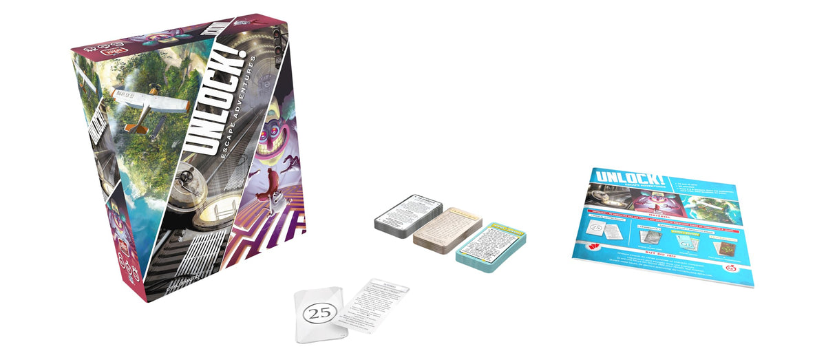 Asmodee Unlock! card deck with 60 cards fuels clue gathering and puzzle solving.