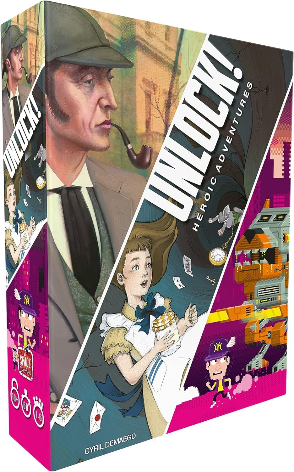 Asmodee UNLOCK! Heroic Adventures box cover featuring three group adventures.