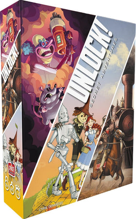 Asmodee UNLOCK! Secret Adventures cover showing three adventures for immersive group play.