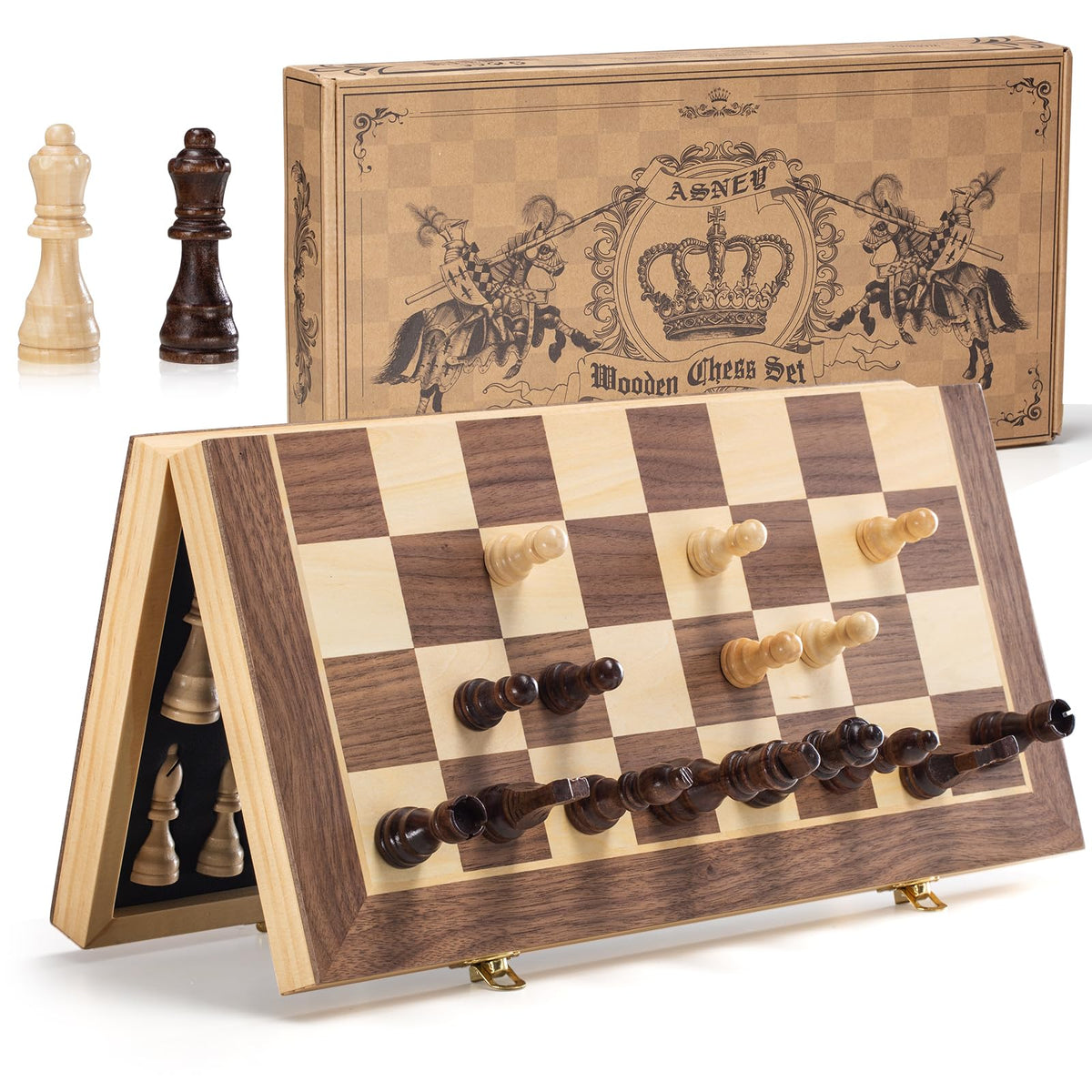 ASNEY upgraded magnetic chess set board top view shows sturdy wooden construction