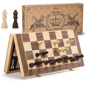 ASNEY upgraded magnetic chess set board top view shows sturdy wooden construction