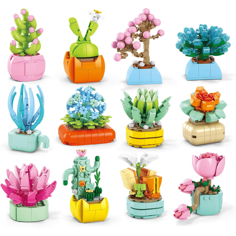 Asoulin 24Pcs Flowers Succulents Building Blocks assembly scene for creative at-home play