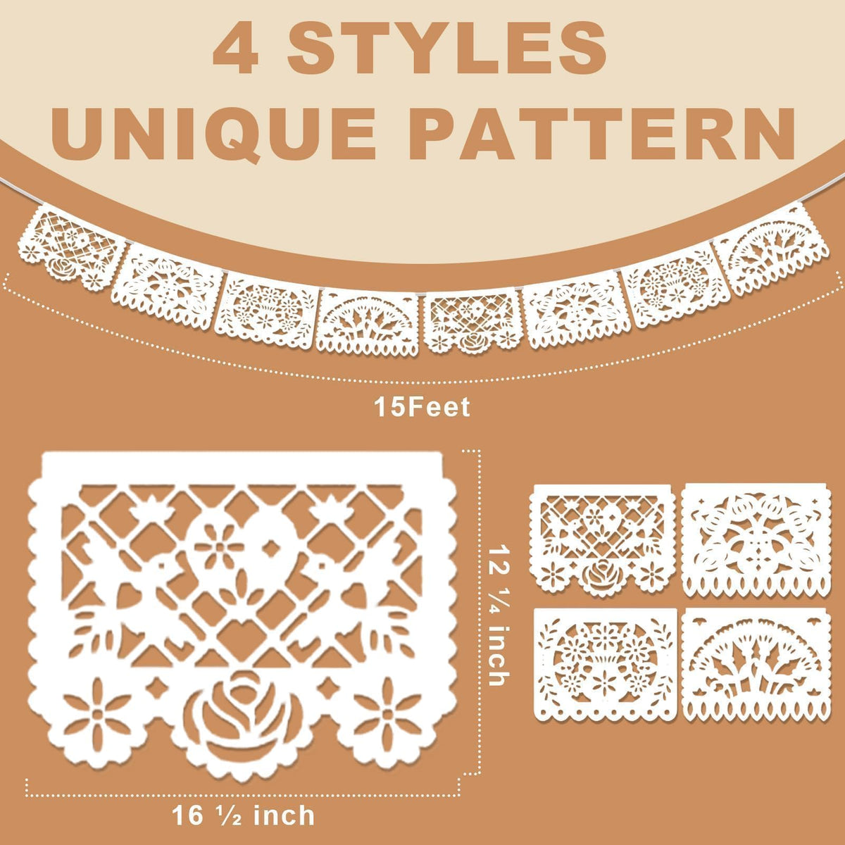 Asoulin white papel picado banner flowers pattern for vibrant party ambiance.
